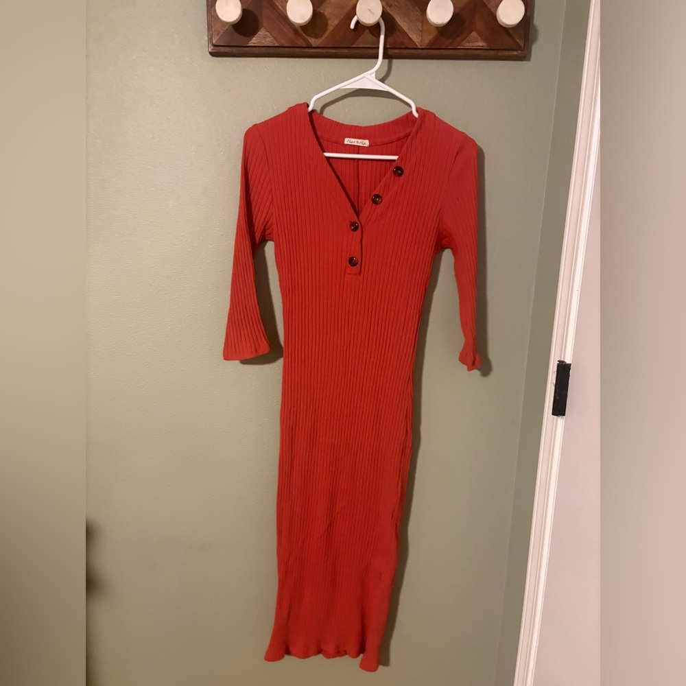 Heart Hips Red Long Sleeve Ribbed Dress